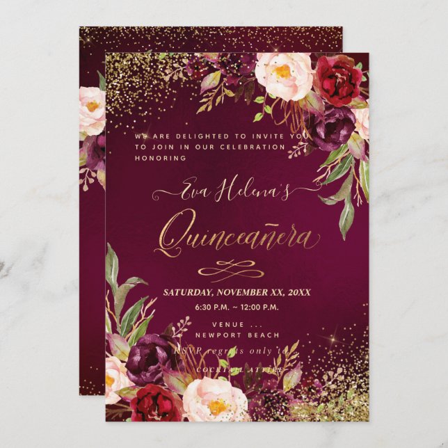 Quinceañera, Blush Watercolor Flowers DIY Burgundy Invitation (Front/Back)