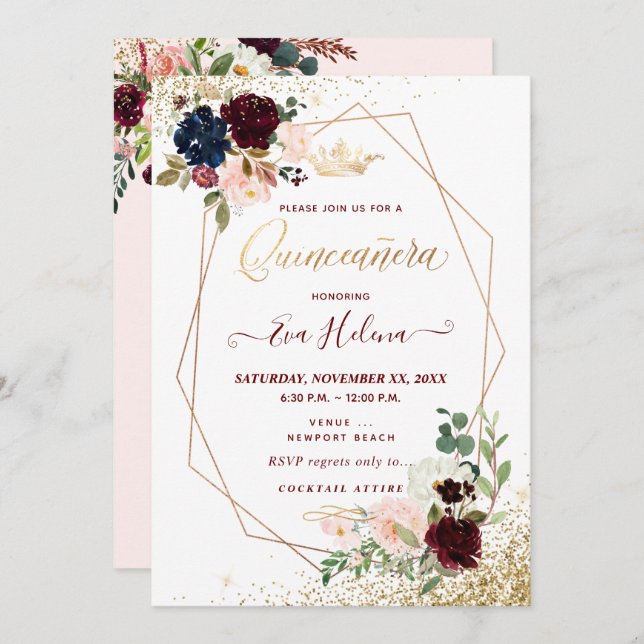Quinceañera, Blush Watercolor Flowers Princess Invitation (Front/Back)