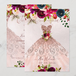 Quinceañera, Boho Floral Sparkle Gown Rose Gold Invitation