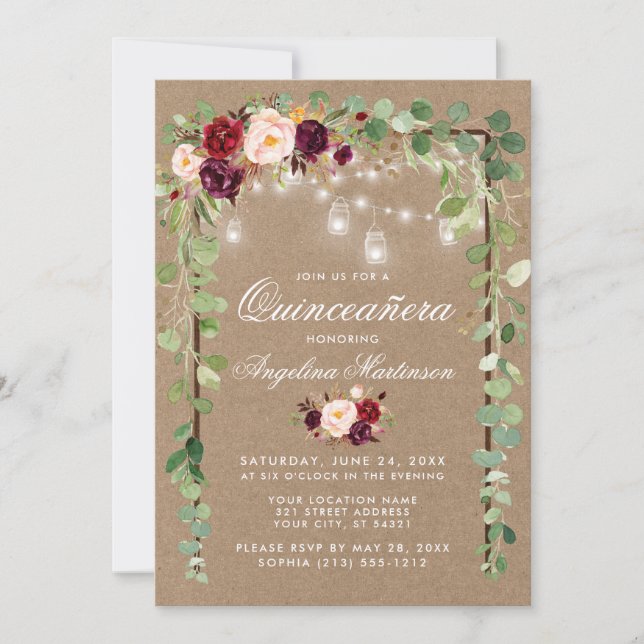 Quinceanera Botanical Floral Wood Frame Kraft Invitation (Front)