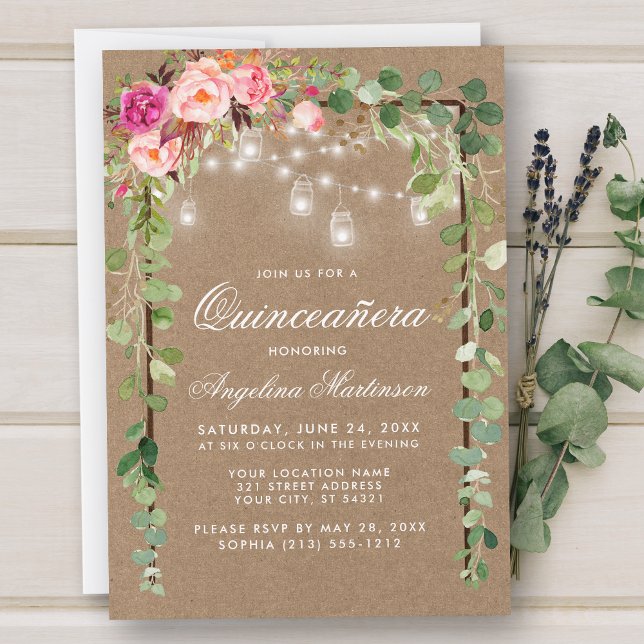Quinceanera Botanical Green Pink Floral Wood Kraft Invitation (Customize to add more text or photos to back of card.)
