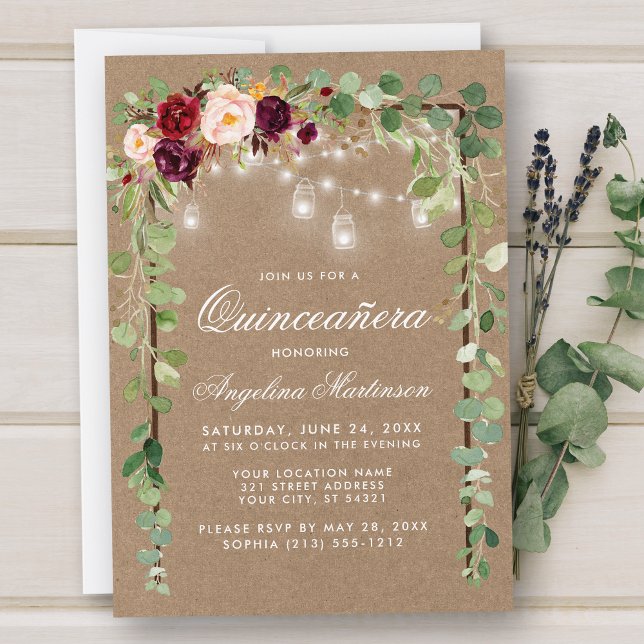 Quinceanera Botanical Green Wood Floral Kraft Invitation (Customize to add more text or photos to back of card.)