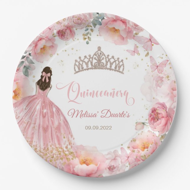Quinceañera Bow Butterflies Paper Plates (Front)