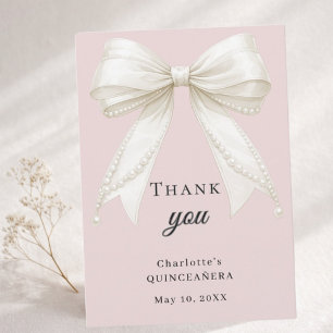 Quinceanera bow dusty blush pink ivory pearls thank you card