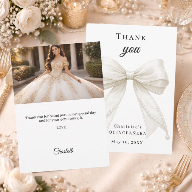 Quinceanera bow ivory pearls photo thank you card (Creator Uploaded)