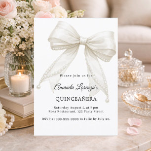 Quinceanera bow ivory white pearls elegant invitation