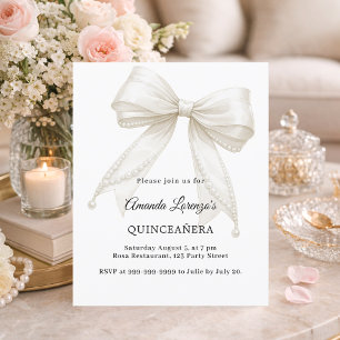 Quinceanera bow ivory white pearls invitation