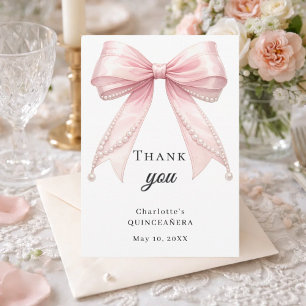 Quinceanera bow pink pearls elegant thank you card
