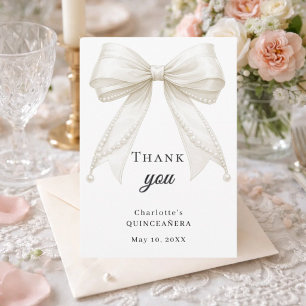Quinceanera bow white ivory pearls thank you card