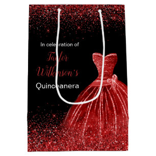 Quinceanera Bright Red Dress Faux Glitter Medium Gift Bag
