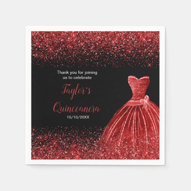 Quinceanera Bright Red Faux Glitter Napkin (Front)
