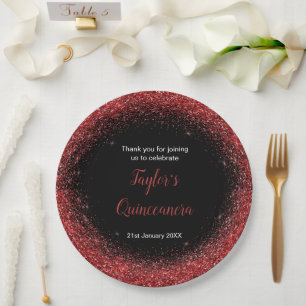 Quinceanera Bright Red Faux Glitter Paper Plate