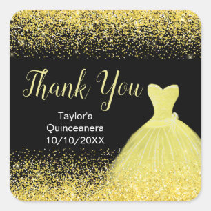 Quinceanera Bright Yellow Dress Faux Glitter Square Sticker