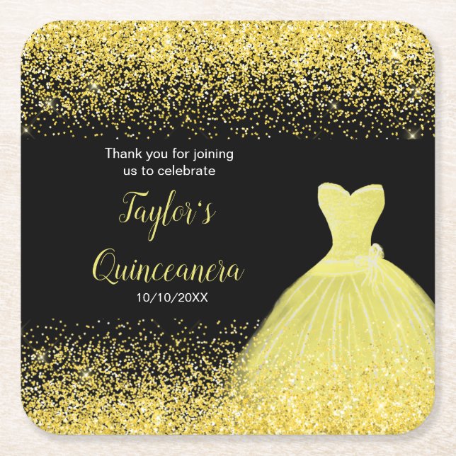 Quinceanera Bright Yellow Faux Glitter Square Paper Coaster (Front)