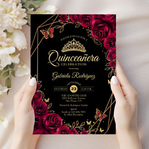 Quinceanera Burgundy Black Gold Floral Invitation