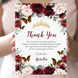 Quinceañera Burgundy Blush Floral Butterflies Thank You Card
