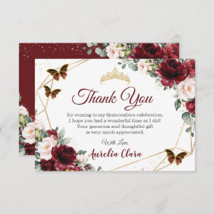 Quinceañera Burgundy Blush Floral Butterflies Thank You Card