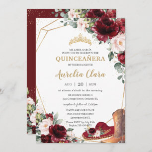 Quinceañera Burgundy Blush Floral Charro Hat Boot Invitation