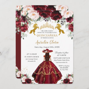 Quinceañera Burgundy Blush Floral Charro Horses Invitation
