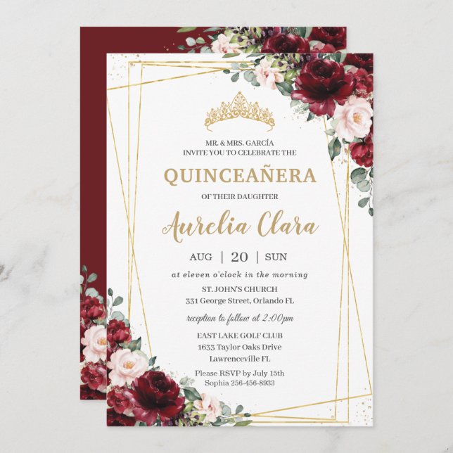 Quinceañera Burgundy Blush Floral Geometric Gold   Invitation (Front/Back)