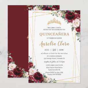 Quinceañera Burgundy Blush Floral Geometric Gold   Invitation