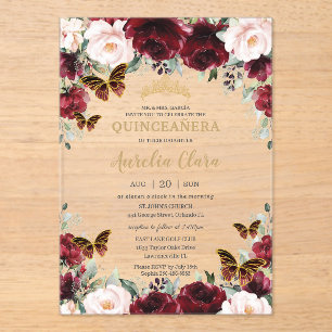 Quinceañera Burgundy Blush Floral Gold Butterflies Acrylic Invitations