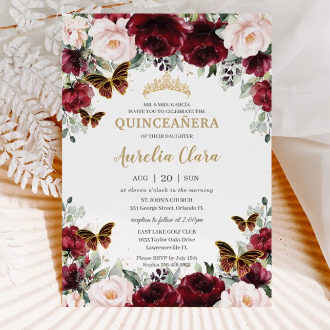 Quinceañera Burgundy Blush Floral Gold Butterflies Invitation (Creator Uploaded)