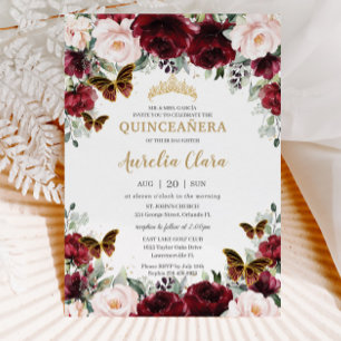 Quinceañera Burgundy Blush Floral Gold Butterflies Invitation