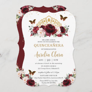 Quinceañera Burgundy Blush Floral Gold Crown Invitation