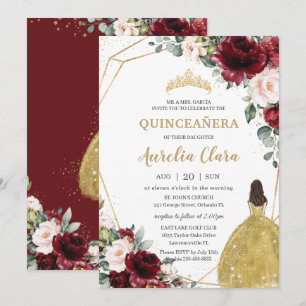 Quinceañera Burgundy Blush Floral Gold Dress Crown Invitation