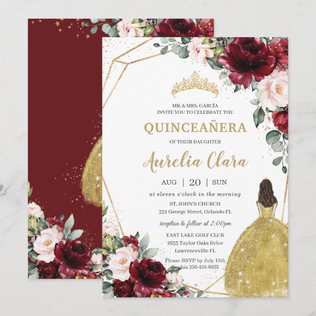 Quinceañera Burgundy Blush Floral Gold Dress Crown Invitation (Front/Back)