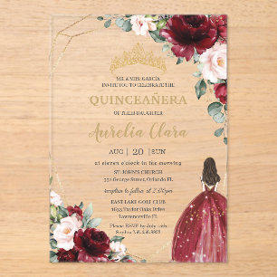 Quinceanera Burgundy Blush Floral Gold Princess Acrylic Invitations
