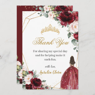 Quinceañera Burgundy Blush Floral Gold Princess  Thank You Card