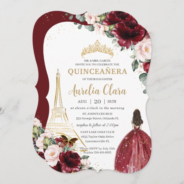 Quinceañera Burgundy Blush Floral Paris Gold Crown Invitation (Front/Back)