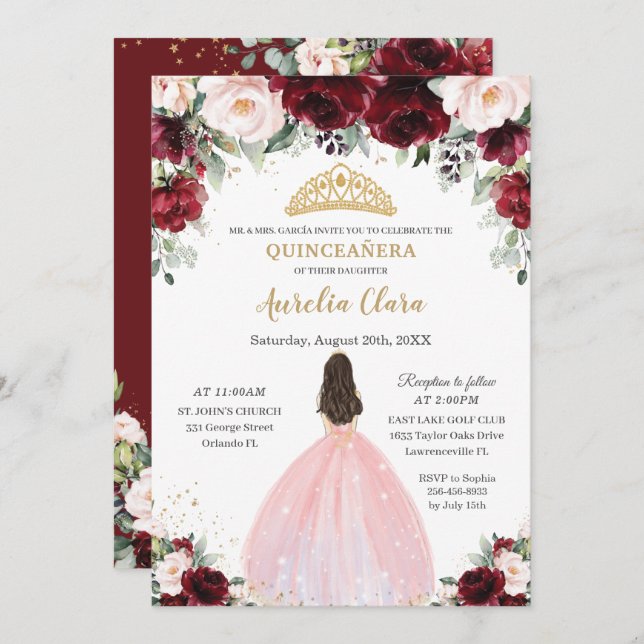 Quinceañera Burgundy Blush Floral Pink Dress Crown Invitation (Front/Back)