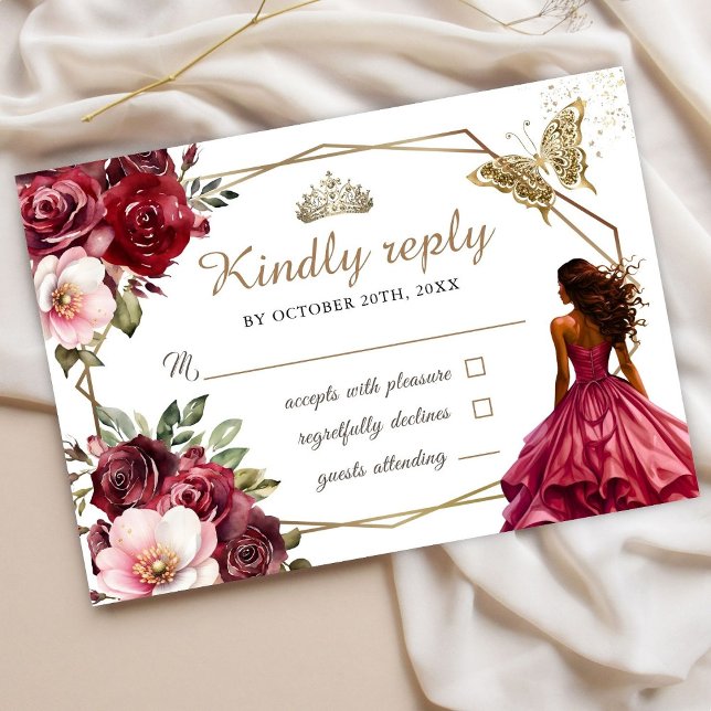 Quinceañera Burgundy Blush Floral Princess Rsvp Card (Creator Uploaded)