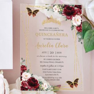 Quinceañera Burgundy Blush Floral Princess Tiara Acrylic Invitations
