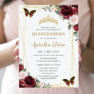 Quinceañera Burgundy Blush Floral Princess Tiara Invitation