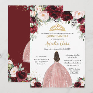 Quinceañera Burgundy Blush Floral Rose Gold Dress Invitation