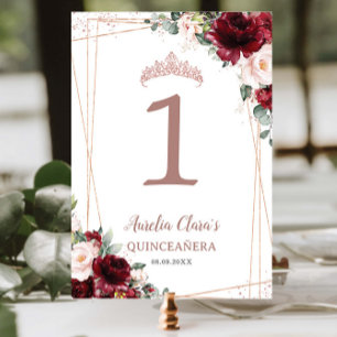 Quinceañera Burgundy Blush Floral Rose Gold Table Number