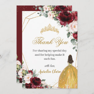 Quinceañera Burgundy Blush Floral Yellow Princess  Thank You Card