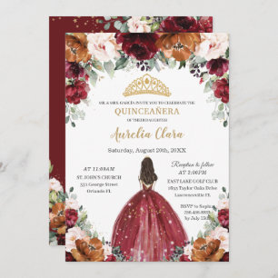 Quinceañera Burgundy Blush Rust Floral Princess Invitation