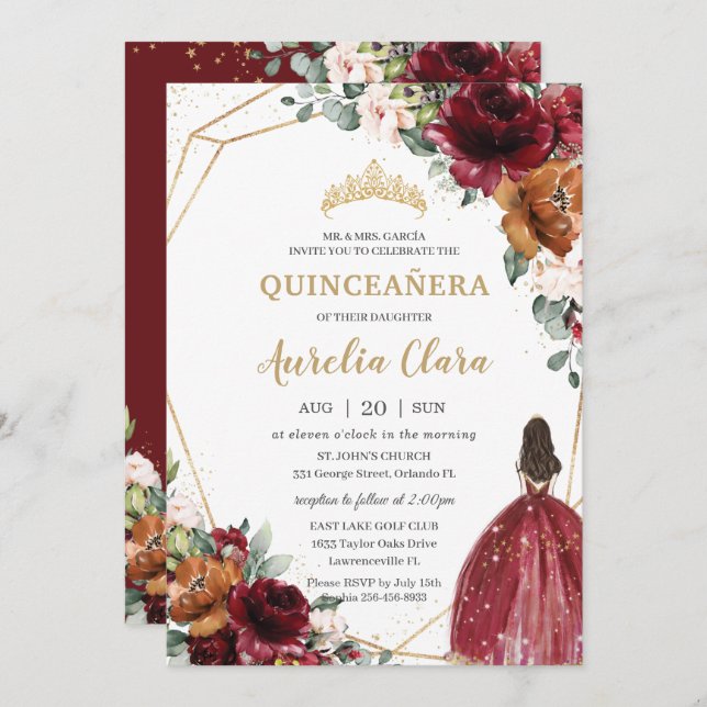 Quinceañera Burgundy Blush Rust Floral Princess Invitation (Front/Back)