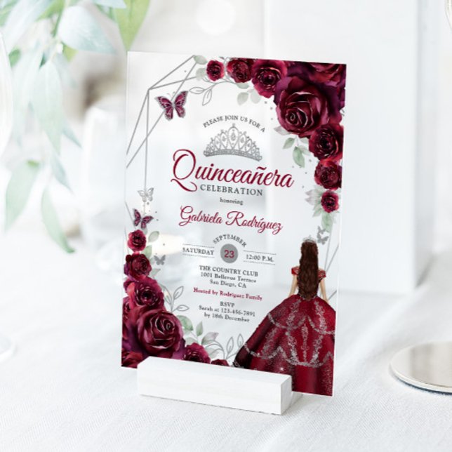 Quinceanera Burgundy Dress Floral Acrylic Invitations (Creator Uploaded)