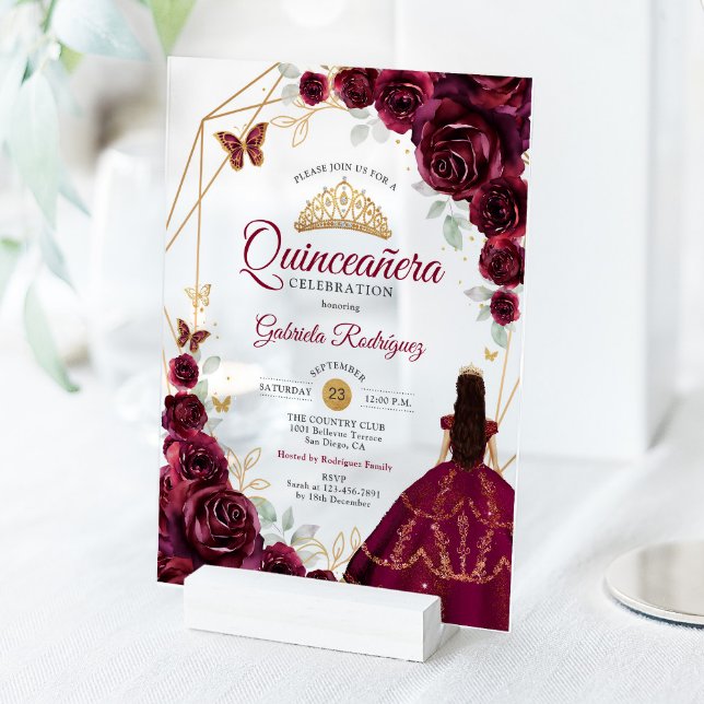 Quinceanera Burgundy Dress Floral Gold Acrylic Invitations (Creator Uploaded)