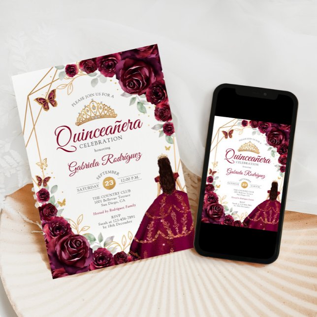 Quinceanera Burgundy Dress Floral Gold Invitation (Creator Uploaded)