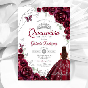 Quinceanera Burgundy Dress Floral Invitation
