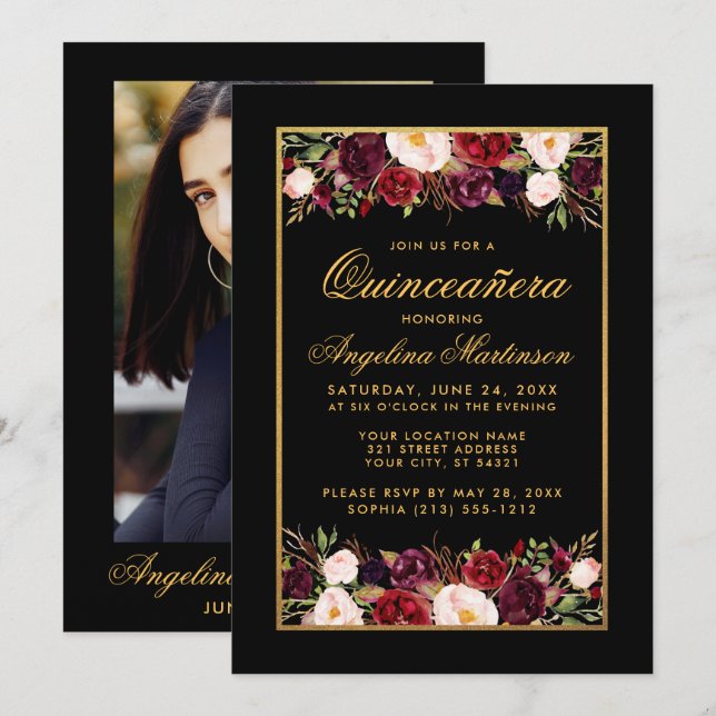 Quinceanera Burgundy Floral Black Gold Photo Invitation (Front/Back)