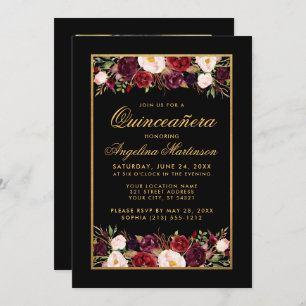 Quinceanera Burgundy Floral Black Gold Photo Invitation