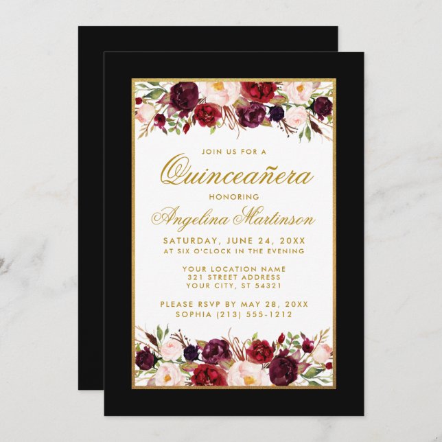 Quinceanera Burgundy Floral Black White Gold Invitation (Front/Back)